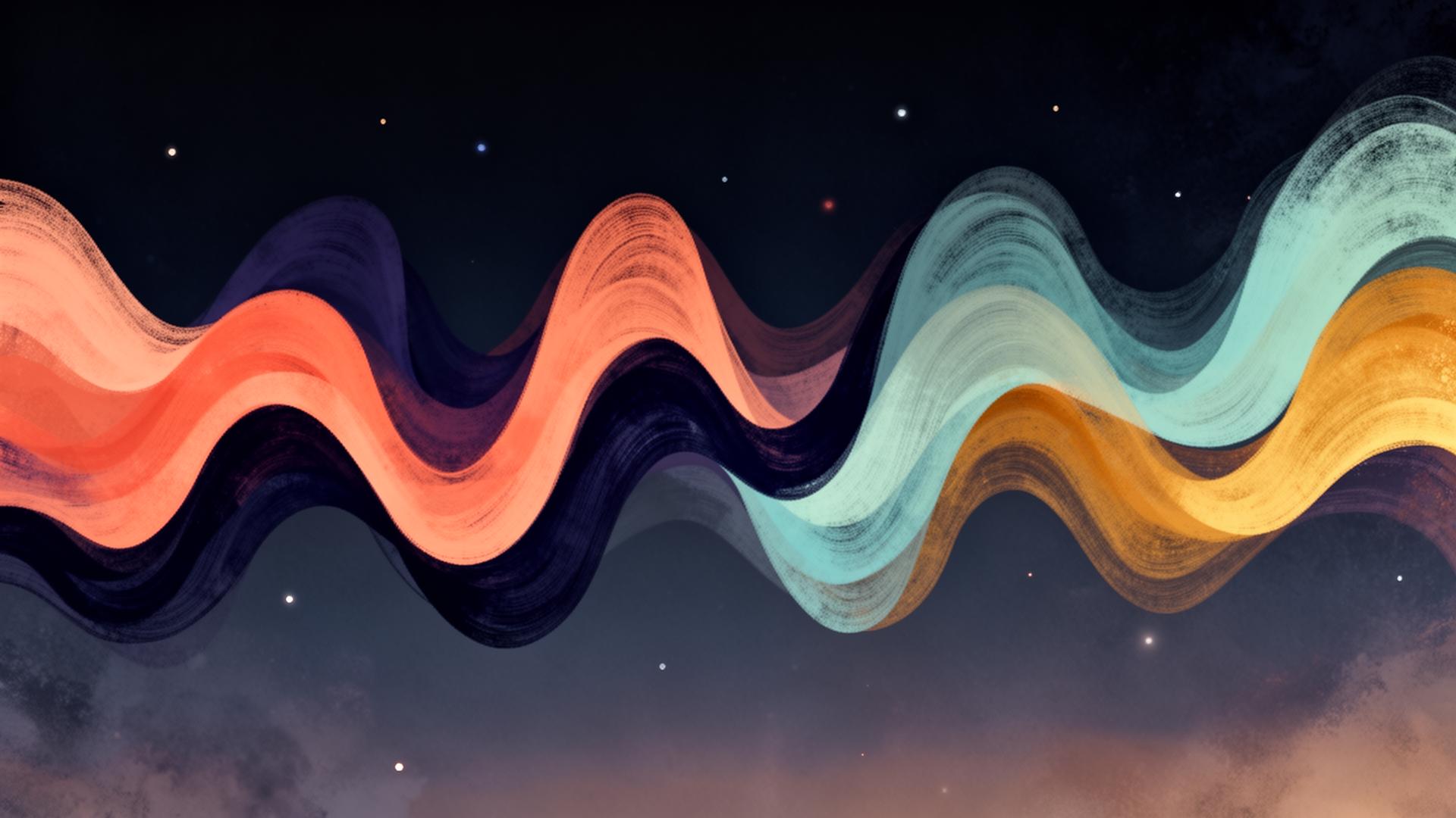 Flowing colorful sound waves drifting across a twilight sky